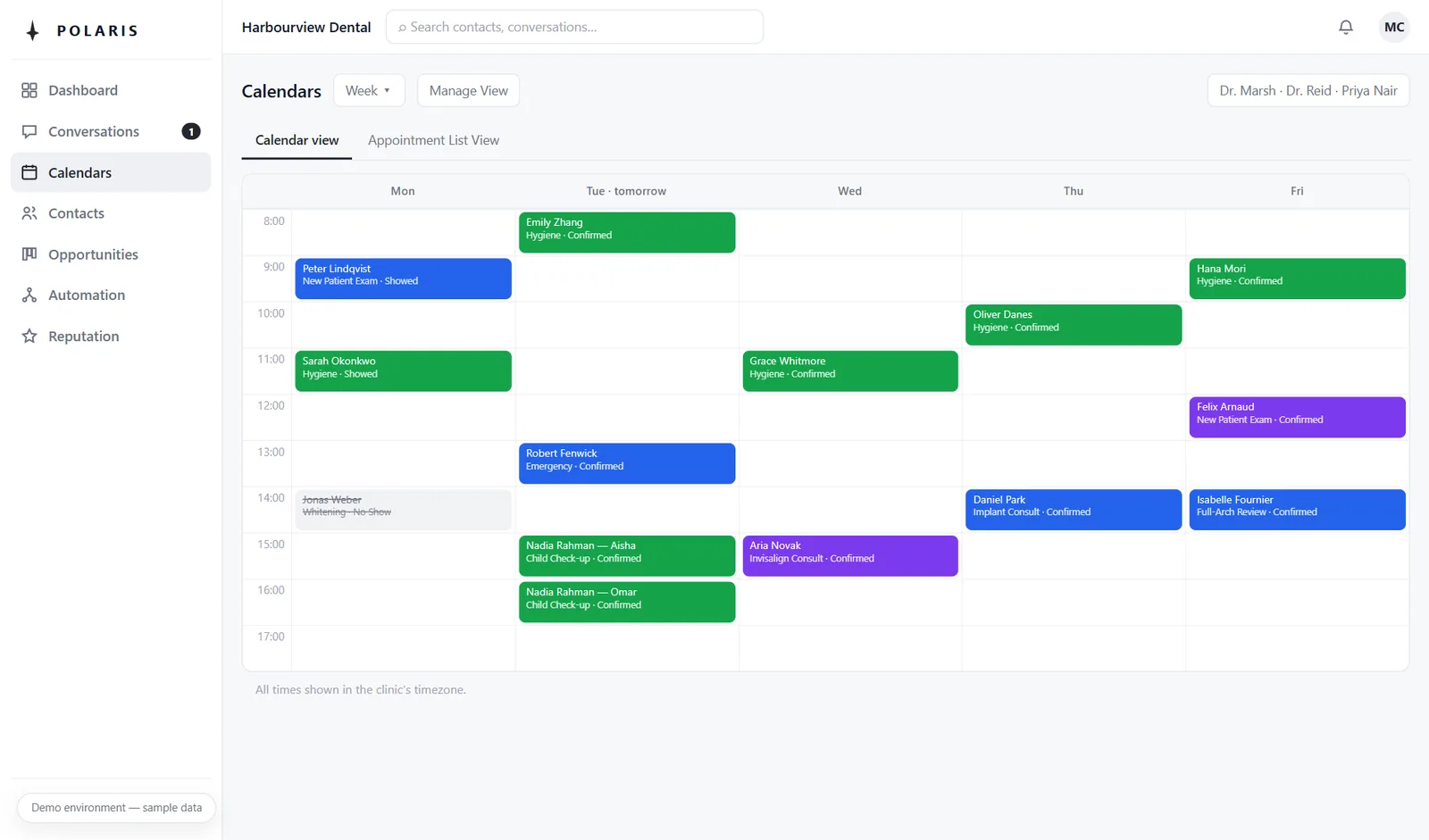 The clinic's week at a glance, colour-coded per clinician with clear confirmed and no-show statuses on each appointment